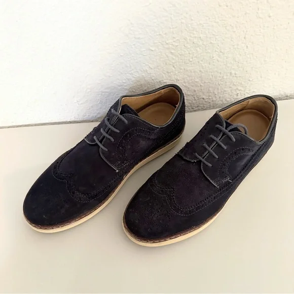Men's MASSIMO DUTTI Suede Wingtip Oxford Shoes Lace-Up Perforated Loafer‎ Navy